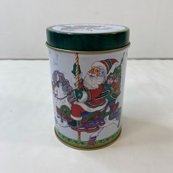 Set Of 2 Vintage Christmas Santa Claus Carousel Window Tin Canisters With Lids - Picture 2 of 16